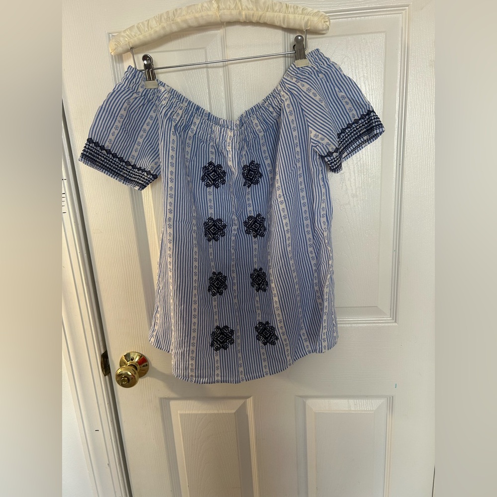 Blue Striped Off-Shoulder Embroidered Women's Top